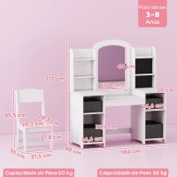 AIYAPLAY Penteadeira Infantil com Espelho LED, Cadeira, Gavetas em Tecido, Ganchos para Joias e Prateleiras, 3-8 Anos, Branco(m-3)