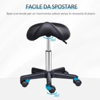 HOMCOM Sgabello Girevole a Sella con Ruote e Altezza Regolabile, Imbottito e Rivestito in Finta Pelle, Nero(m-5)