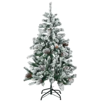 HOMCOM Sapin de Noël artificiel avec 28 pommes de pin 269 branches enneigées support en acier socle pliable hauteur 120 cm vert(m-12)