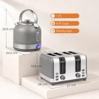 HOMCOM Stainless Steel Kettle and Toaster Set, 1.7L 3000W Cordless Fast Boil Kettle, 4 Slice Toaster Kitchen Set, Grey(m-3)