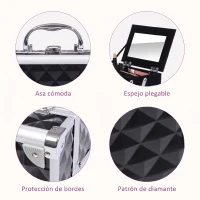 HOMCOM Maletín de Maquillaje Con Espejo Cerradura Varios Compartimientos 20x15x15cm Aluminio Negro(m-5)