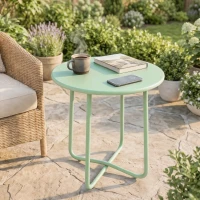 Outsunny Table Basse Extérieure avec Bord Enroulé, Base en X avec Pieds Réglables en Hauteur, pour Salon Terrasse, Ø48x51cm, Vert(m-11)