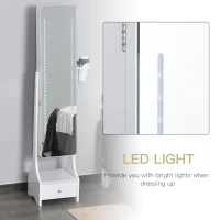 HOMCOM Jewellery Cabinet, Full Length Mirror with Storage, Free Standing Mirror with LED Lights, Hooks, Drawer and Hairdryer Holder for Bedroom, White(m-8)