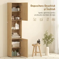 HOMCOM Coloană Baie Slim 6 Rafturi, 2 Uși, Compartimente Deschise, Raft din Sticlă Securizată, Rafturi Reglabile, Stejar(m-4)