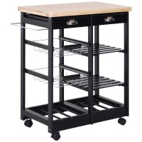 HOMCOM Küchenwagen Küchenrollwagen Servierwagen mit ausziehbarem Korb Schublade Weinablage Küchentrolley rollbar Holz schwarz 74 x 37 x 76 cm(m-1)