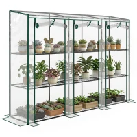 Outsunny Serre de jardin avec étagères à 3 niveaux serre de balcon 3 portes enroulables zippées 215 x 46 x 151 cm transparent(m-11)