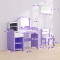 AIYAPLAY Tocador de Maquillaje Niña con Espejo de LED de 2 Colores Taburete 2 Soportes para Joyas Cajón 2 Compartimentos Morado(m-3)