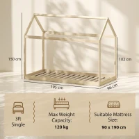 HOMCOM Single Bed Frame, House Scandinavian Wooden Bed Frame for 90W x 190Dcm Mattress, Pine Wood Bed Base, Natural Wood Finish(m-3)