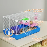 PawHut Cage Hamster, Cage Rongeur à 2 Niveaux, Base Amovible pour Nettoyage Facile, Cabane, Roue d'Exercice, 47x30x27cm, Bleu(m-5)