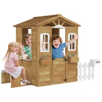 Outsunny Casita Infantil de Exterior a Partir de 3 Años Casa de Juegos de Madera con Buzón Banco 204x107x140 cm para Exterior Interior Color Madera Natural(m-1)
