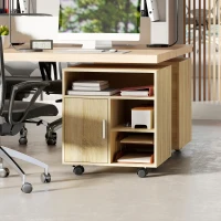 HOMCOM Support d'imprimante organiseur bureau caisson placard porte 3 niches + grand plateau panneaux particules bois naturel(m-9)