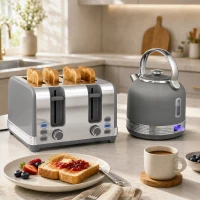 HOMCOM Stainless Steel Kettle and Toaster Set, 1.7L 3000W Cordless Fast Boil Kettle, 4 Slice Toaster Kitchen Set, Grey(m-9)