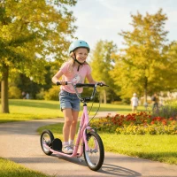 HOMCOM Trottinette patinette Enfant à partir de 5 Ans Grands pneus Guidon réglable poignées Freins et béquille Acier Rose(m-2)