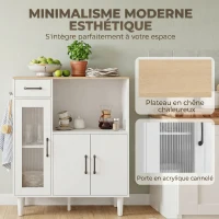 HOMCOM Buffet cuisine, meuble de rangement avec tiroir, 3 portes dont 1 en acrylique cannelée, étagère ouverte, blanc et chêne(m-4)