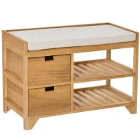 HOMCOM Wooden 2 Tier Shoe Storage Bench Rack Shelves Cushioned Seat  Entryway Hallway Organiser with 2 Drawers - Natural Wood Colour(m-1)
