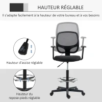 Vinsetto Chaise bureau ergonomique, chaise de dessin, repose-pieds, dossier en maille, hauteur réglable, 64x57x110-132cm, noir(m-4)