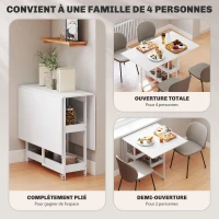 HOMCOM Table à manger pliante sur roulettes 4 personnes avec compartiments ouverts, pour petits espaces, salle à manger, blanc(m-4)