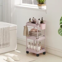 HOMCOM Carrito Auxiliar con Ruedas de 3 Niveles Carrito de Cocina con Cestas Extraíbles y Soporte para Toallas Rosa(m-9)