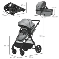 HOMCOM 2 en 1 Silla de Paseo Ligera Cochecito para Bebé de 0-36 Meses Plegable con Asiento Reversible 96x61x106 cm Gris(m-3)