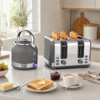 HOMCOM Stainless Steel Kettle and Toaster Set, 1.7L 3000W Cordless Fast Boil Kettle, 4 Slice Toaster Kitchen Set, Grey(m-14)