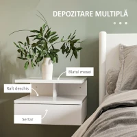 HOMCOM Set de 2 Noptiere Moderne Suspendate cu Sertar și Raft din Lemn 35x32x22,5cm, Alb Lucios(m-5)