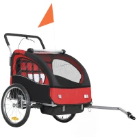 HOMCOM Remorque vélo enfant 2 en 1 avec ceinture de sécurité 5 points, réflecteurs, drapeau et rideau coupe-vent, rouge(m-12)