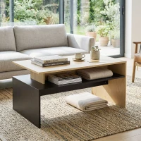 HOMCOM Table Basse Moderne Bicolore à Niveaux Décalés avec Étagère de Rangement, 95 x 55 x 50 cm, Bois Naturel et Noir(m-10)