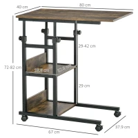 HOMCOM C-Shaped Side Table Industrial Mobile Rolling End Desk with 3-Tier Storage Shelving, Adjustable Height, Wheels(m-3)