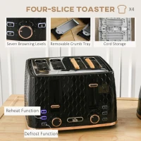 HOMCOM 1.7L 3000W Fast Boil Kettle & 4 Slice Toaster Set, Kettle and Toaster Set with 7 Browning Controls, Crumb Tray, Black(m-5)