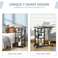 HOMCOM C-Shaped Side Table Industrial Mobile Rolling End Desk with 3-Tier Storage Shelving, Adjustable Height, Wheels(m-4)