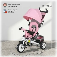 HOMCOM Triciclo para Bebés Evolutivo com Capota Dobrável Guiador Telescópico e Removível Bolsa e Porta-Garrafas 102x49x102 cm Rosa(m-3)