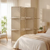 HOMCOM Wave Fibre Freestanding Folding Privacy Screen Panels, Room Divider, Natural Wood Finish(m-9)