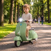 AIYAPLAY Moto Eléctrica para Niños Licencia VESPA Arranque Suave Ruedines Desmontables Luz Delantera Música, Bocina USB Verde(m-2)