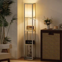 HOMCOM Lampada da Terra con Ripiani, Luce Regolabile, Interruttore a Pedale e Porte USB, Bianco e Rovere(m-10)