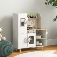 AIYAPLAY Cocinita de Juguete Infantil de Madera con Máquina de Hielo Fregadero Móvil y Utensilios de Cocina 84x34x89 cm Blanco(m-2)