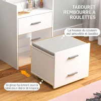 HOMCOM Coiffeuse avec miroir relevable et tabouret à roulettes, table de maquillage avec 2 tiroirs, coussin amovible, blanc(m-5)