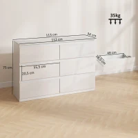 HOMCOM Cassettiera 6 Cassetti in Legno, Comò per Camera da Letto Moderno e Multiuso, 112x34x75 cm, Bianco(m-3)