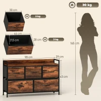 HOMCOM Commode, meuble de rangement avec 5 tiroirs en tissu pliables, plateau et cadre en acier, 98 x 29 x 63 cm, brun rustique(m-3)