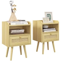 HOMCOM Lot de 2 tables de chevet avec tiroir effet rotin et compartiment ouvert, 40 x 30 x 60 cm, effet bois naturel(m-11)