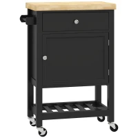 HOMCOM Desserte de cuisine à roulettes, chariot de service, plan de travail en bois d'hévéa, tiroir, 63,5 x 40 x 90 cm, noir(m-1)