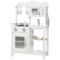 AIYAPLAY Cozinha de Brincar em Madeira com Som Acessórios Lava-Loiças Micro-Ondas e Fogão 55x24x86 cm Branco(m-1)