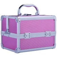HOMCOM Maletín Maquillaje Profesional Estuche de Cosmético Portátil con Bandejas de 3 Niveles y Espejo 2 Llaves para Joyero Manicura Viaje 20x15x15 cm Rosa(m-11)