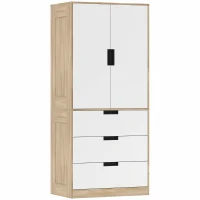 HOMCOM Modern Clothes Storage Cupboard Unit, 3 Drawer 2 Door Wardrobe with Hanging Rod, Oak(m-1)