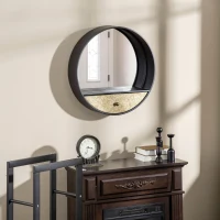 HOMCOM Specchio da Parete Rotondo da Ø61cm con Cassetto e Cornice in Metallo Nero(m-8)