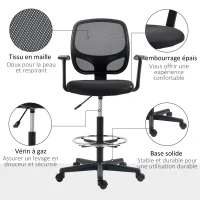 Vinsetto Chaise bureau ergonomique, chaise de dessin, repose-pieds, dossier en maille, hauteur réglable, 64x57x110-132cm, noir(m-7)