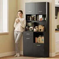 HOMCOM Buffet Haut Cuisine, Armoire de Cuisine avec 4 Portes à Fermeture Douce, Tiroir et Étagères Réglables, Noir(m-8)