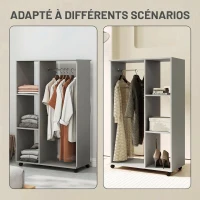 HOMCOM Armoire penderie meuble de rangement mobile 4 roulettes avec tringle à vêtements et étagères ouvertes, gris(m-4)