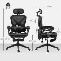 HOMCOM Chaise Bureau Ergonomique avec Appui-Tête Réglable, Fauteuil de Bureau Inclinable en Maille, Dossier Séparé, Noir(m-3)