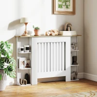 HOMCOM Cache-radiateur avec étagères de rangement ouvertes, couvercle de radiateur en bois à lattes, 124x19x83cm, blanc(m-10)