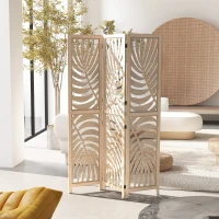 HOMCOM Paravent interieur en bois 3 panneaux 120 x 170 cm, pliable et portable, motif de feuille, design amovible, bois naturel(m-10)